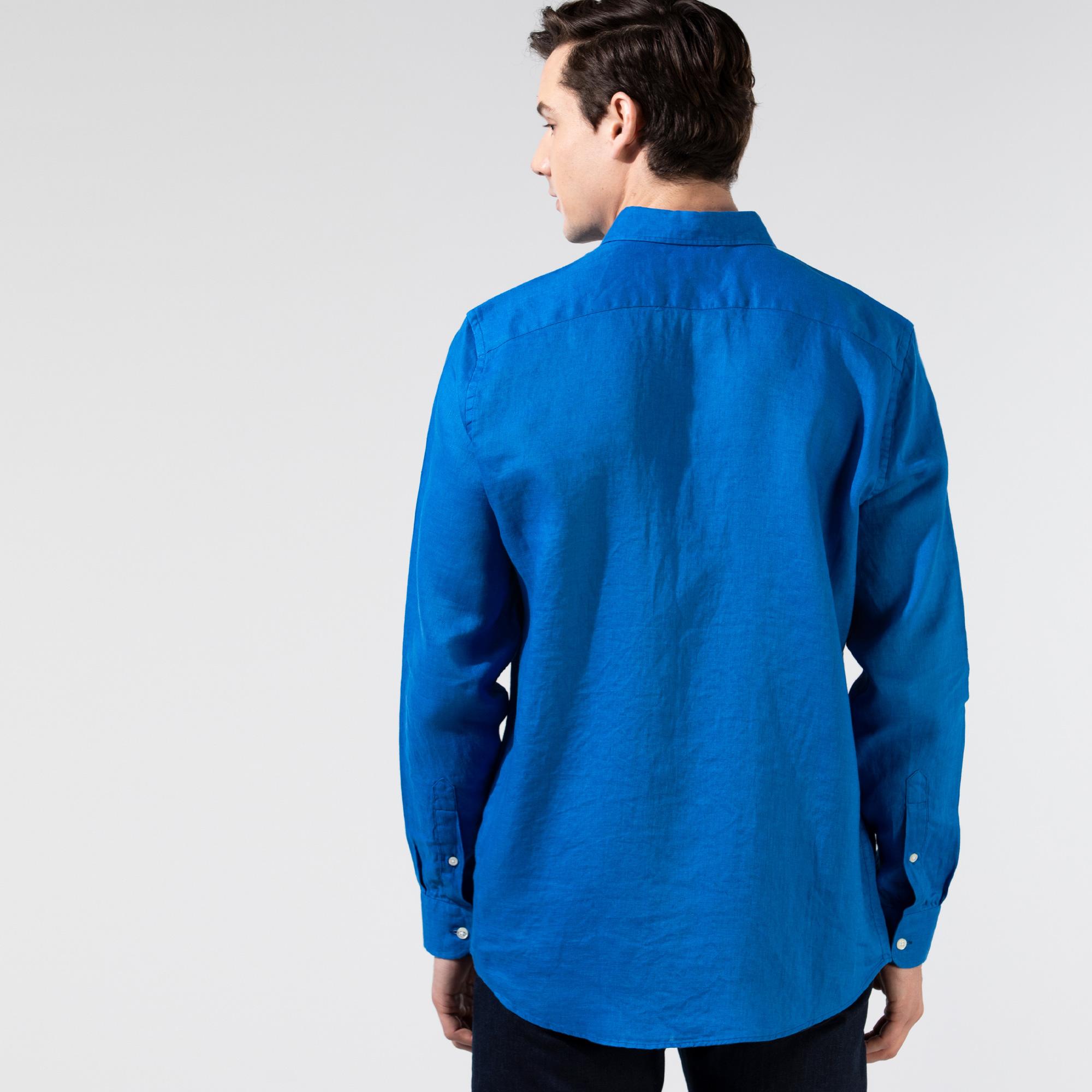 Nautica Erkek Mavi Classic Fit Uzun Kollu Keten Gömlek