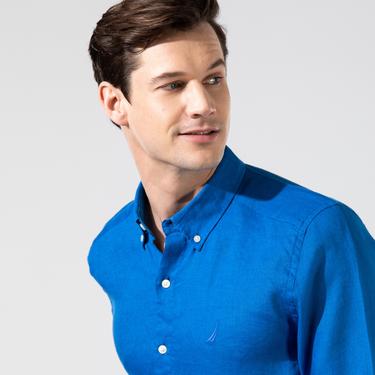  Nautica Erkek Mavi Classic Fit Uzun Kollu Keten Gömlek