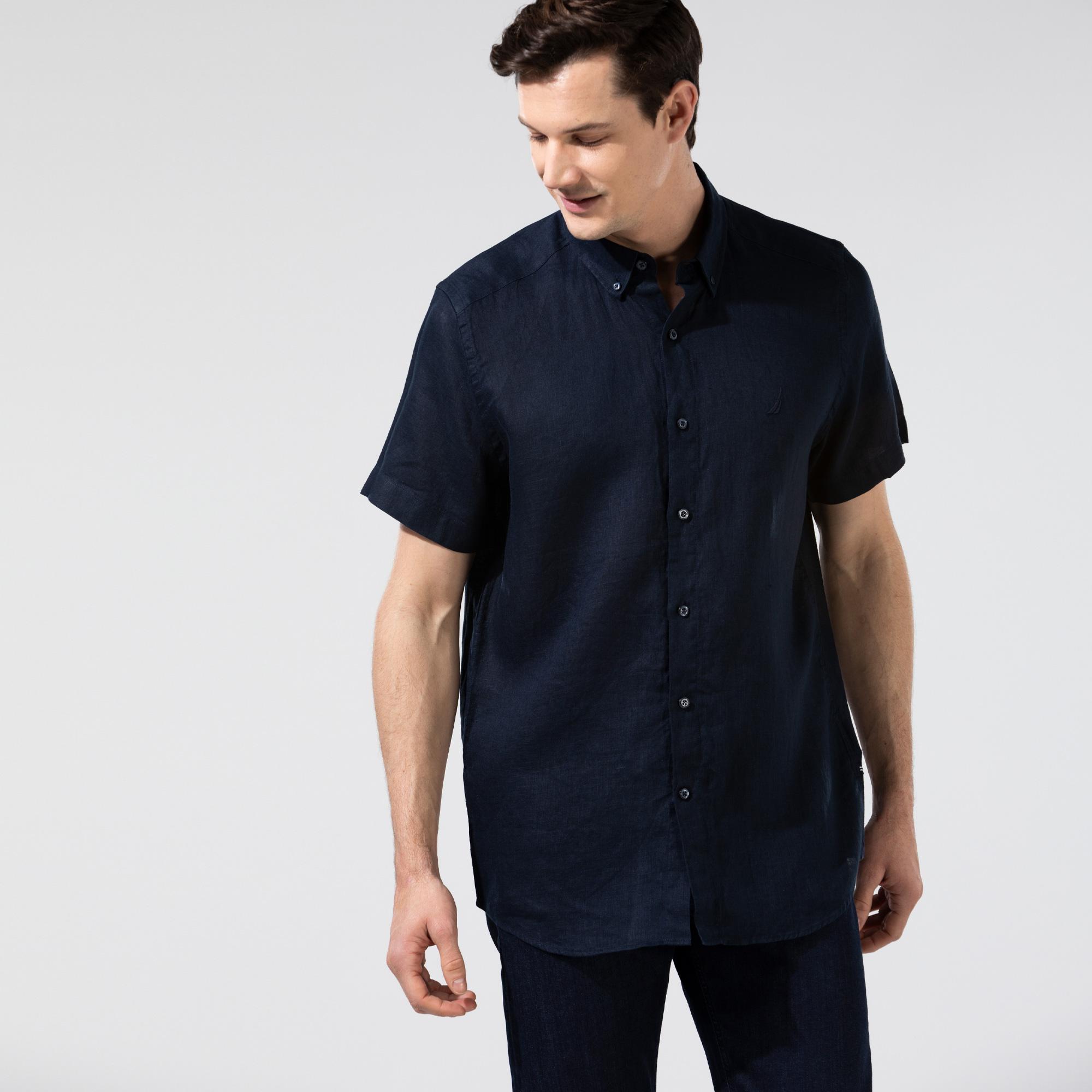 Nautica Lacivert Classic Fit Keten Gömlek