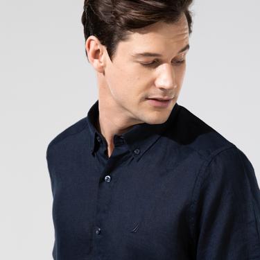  Nautica Lacivert Classic Fit Keten Gömlek
