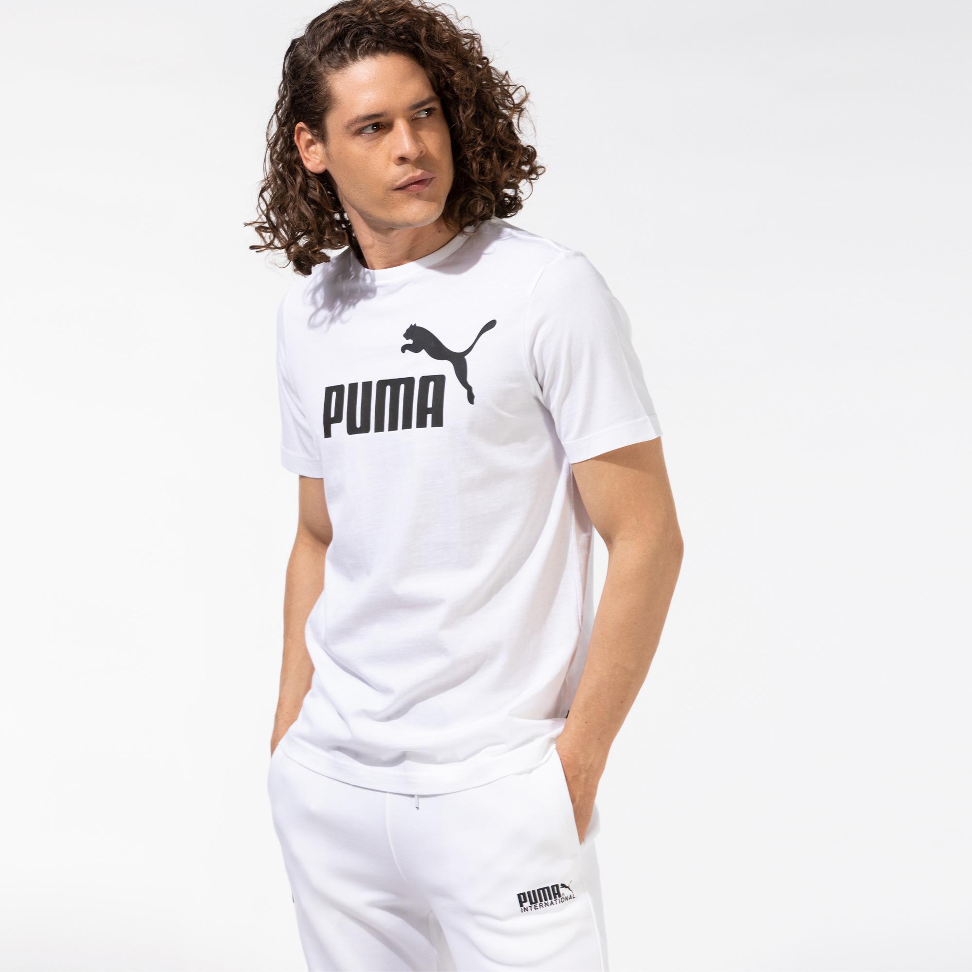 Puma Ess Logo Erkek Beyaz Bisiklet Yaka T-Shirt