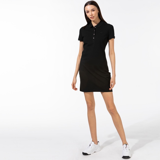  Lacoste Kadın Slim Fit Kısa Kollu Polo Yaka Siyah Elbise