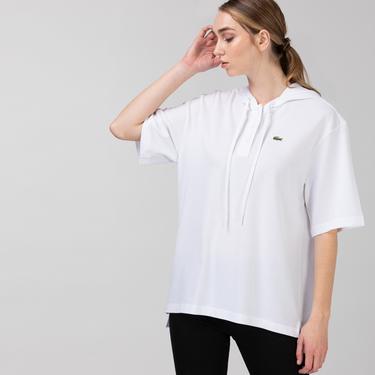  Lacoste L!ve Organik Pamuk Kadın Relaxed Fit Kapüşonlu Beyaz Polo