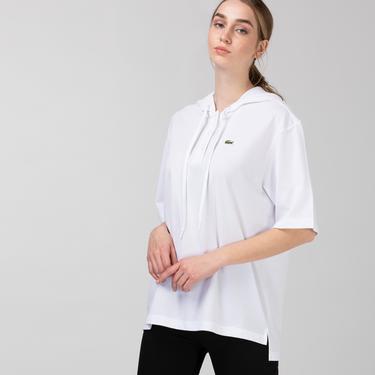  Lacoste L!ve Organik Pamuk Kadın Relaxed Fit Kapüşonlu Beyaz Polo