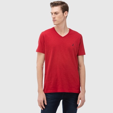  Nautica Erkek Kırmızı Kısa Kollu V Yaka Slim Fit T-Shirt
