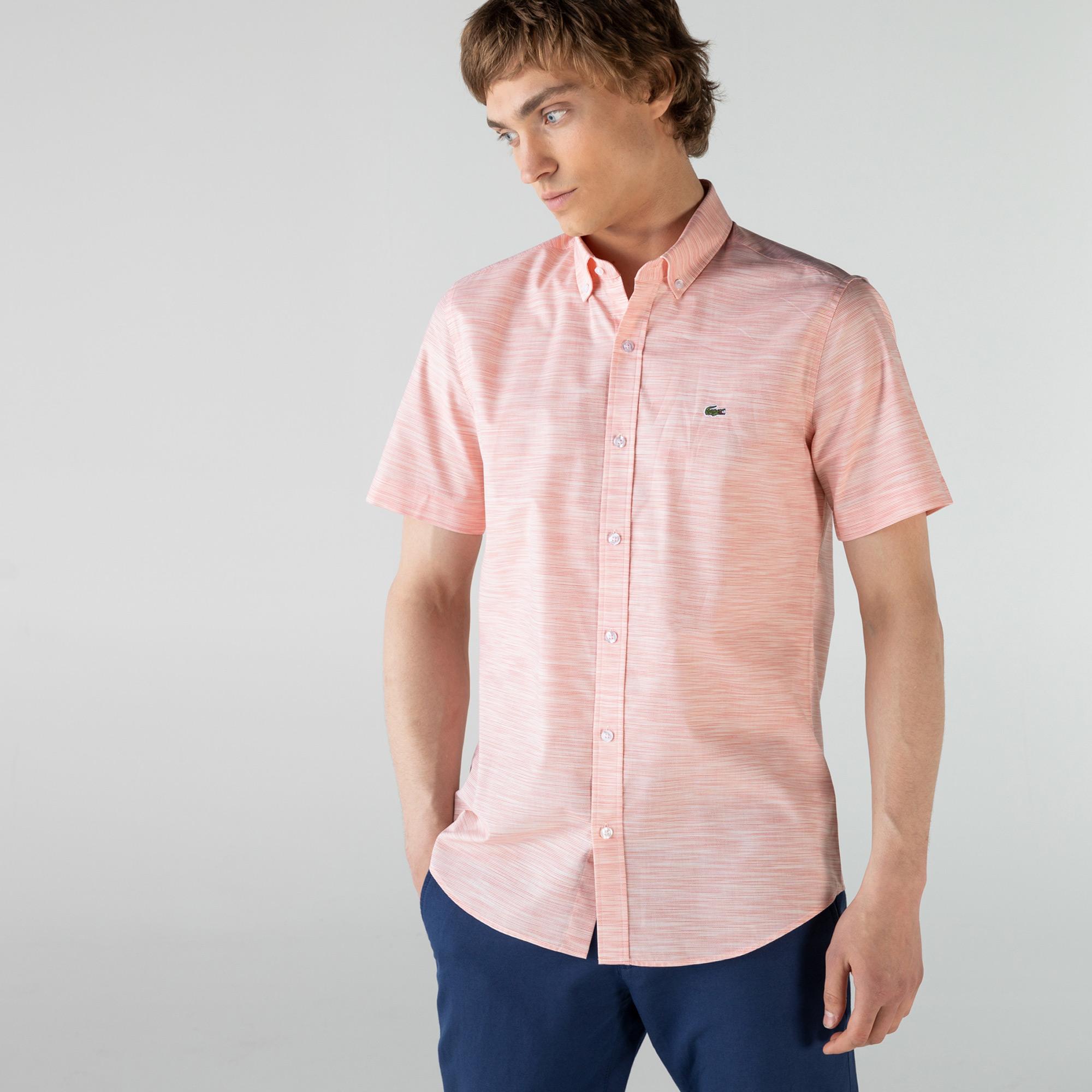 Lacoste Erkek Slim Fit Kısa Kollu Desenli Açık Pembe Gömlek