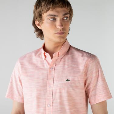  Lacoste Erkek Slim Fit Kısa Kollu Desenli Açık Pembe Gömlek