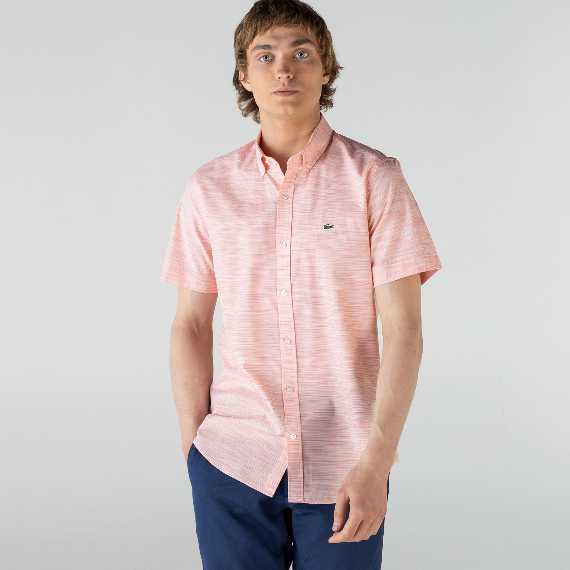 Lacoste Erkek Slim Fit Kısa Kollu Desenli Açık Pembe Gömlek