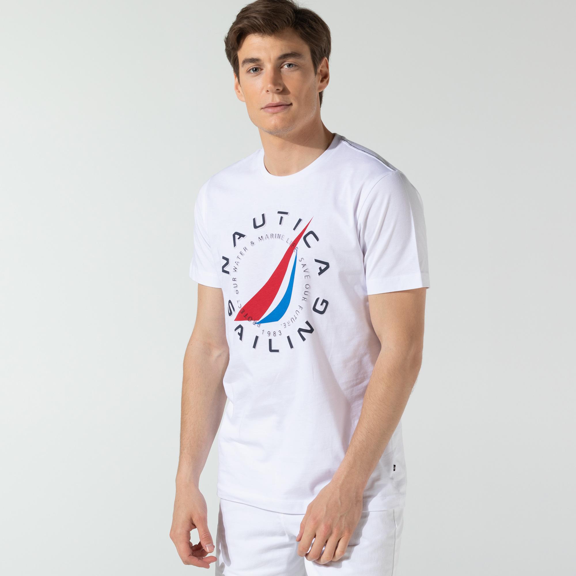 Nautica Erkek Beyaz Oversize Baskılı T-Shirt