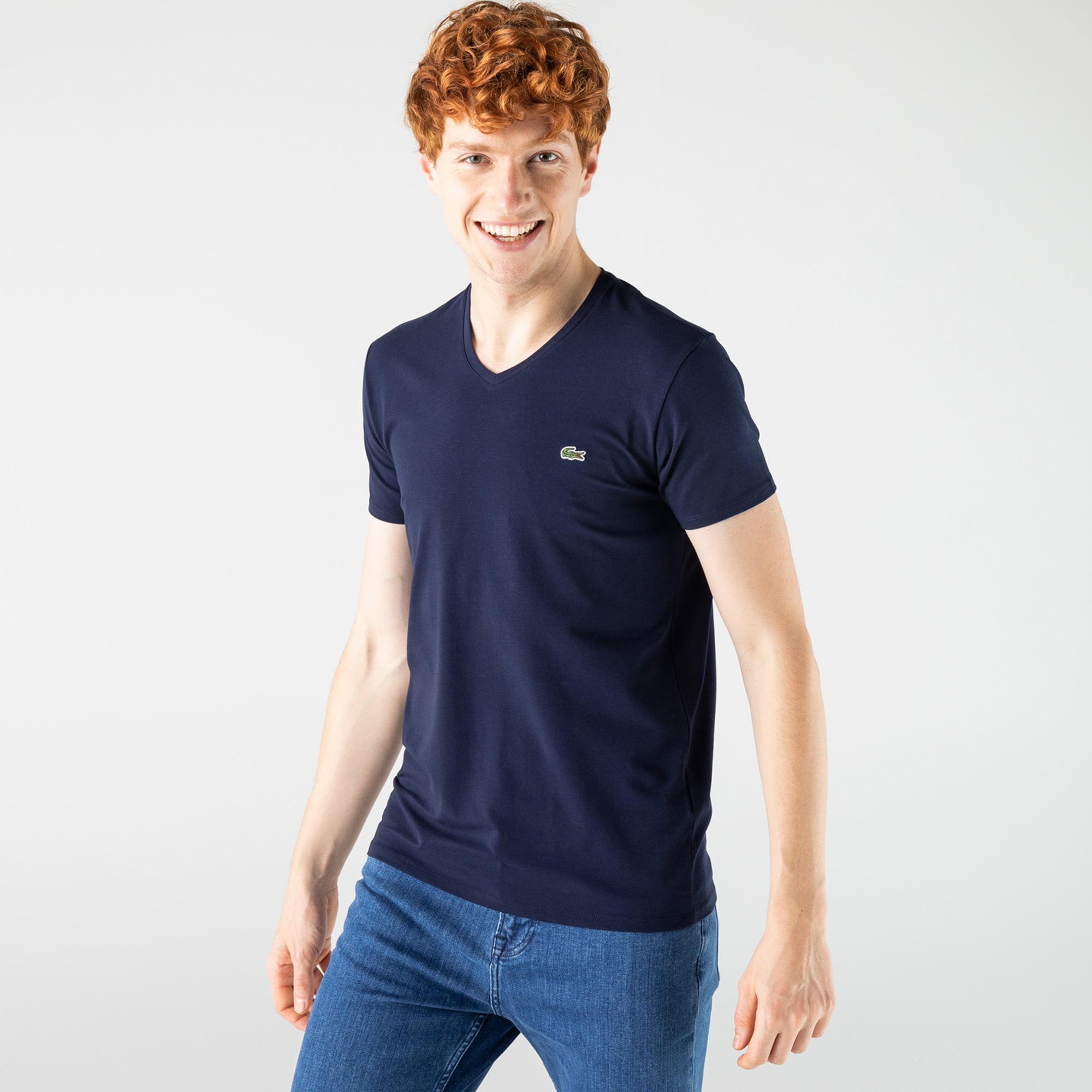  Lacoste V Yaka Lacivert T-Shirt