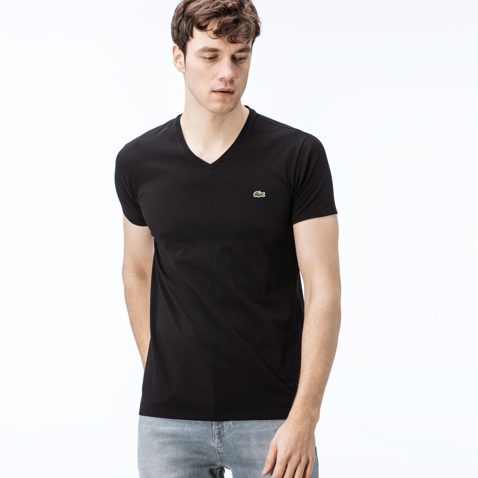  Erkek Slim Fit V Yaka Siyah T-Shirt