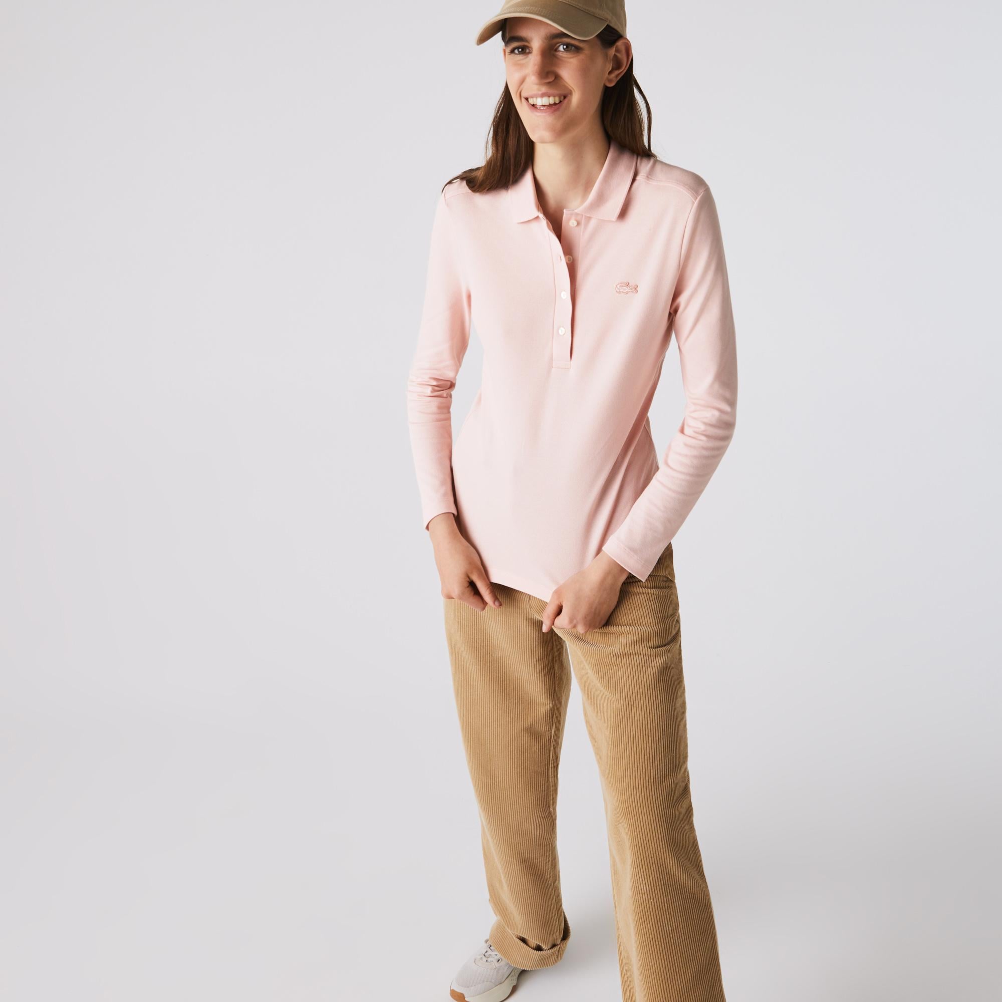 Kadın Slim Fit Uzun Kollu Pembe Polo