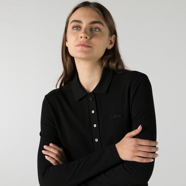  Kadın Slim Fit Uzun Kollu Siyah Polo