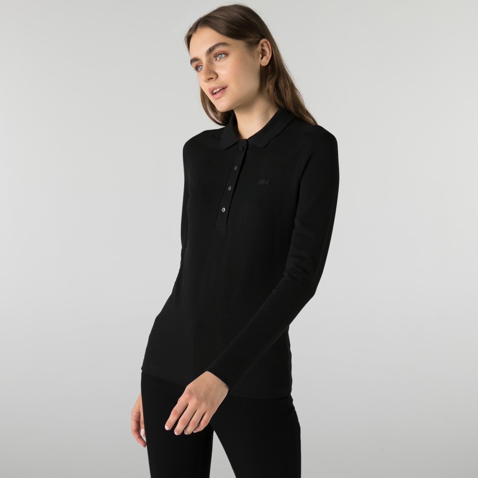 Kadın Slim Fit Uzun Kollu Siyah Polo