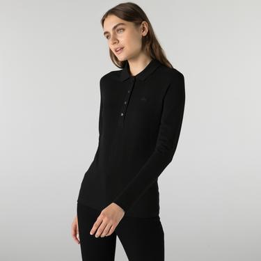  Kadın Slim Fit Uzun Kollu Siyah Polo