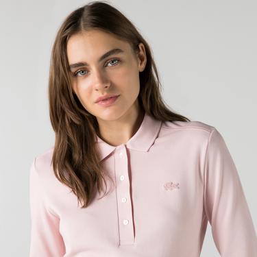  Lacoste Kadın Slim Fit Uzun Kollu Açık Pembe Polo