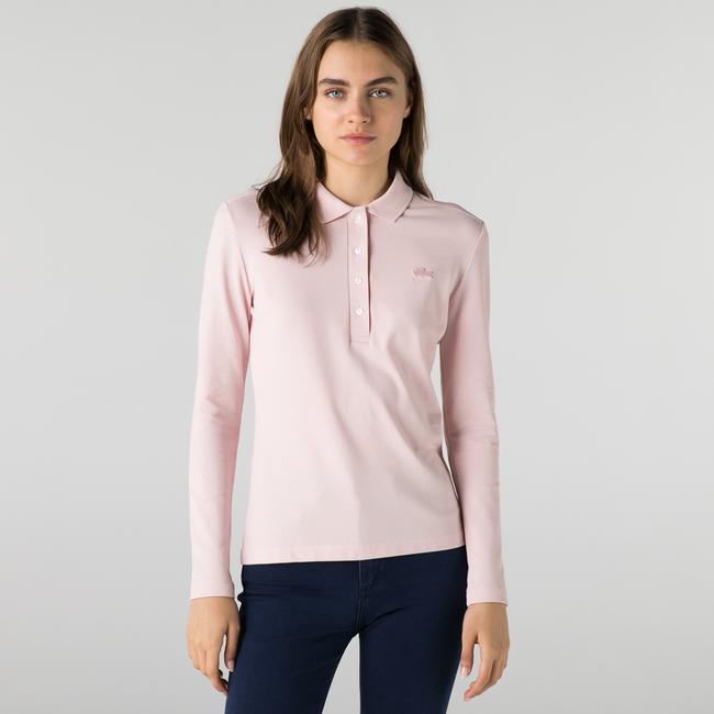  Lacoste Kadın Slim Fit Uzun Kollu Açık Pembe Polo