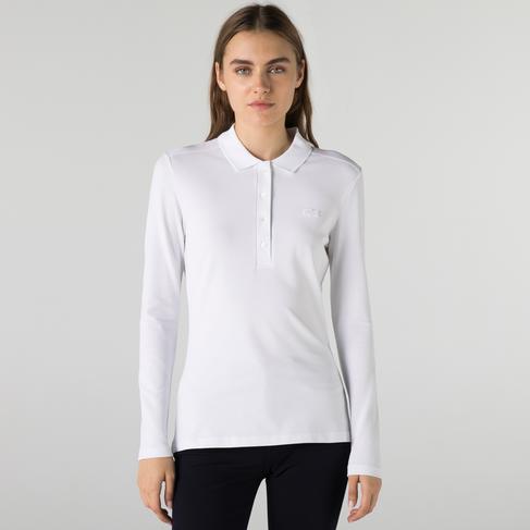  Kadın Slim Fit Uzun Kollu Beyaz Polo