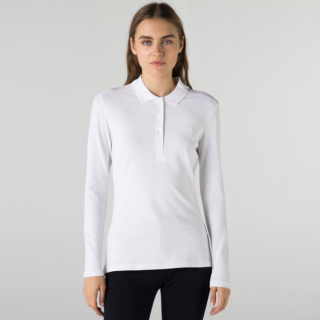  Kadın Slim Fit Uzun Kollu Beyaz Polo