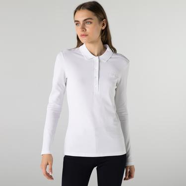  Kadın Slim Fit Uzun Kollu Beyaz Polo