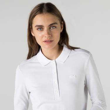  Kadın Slim Fit Uzun Kollu Beyaz Polo