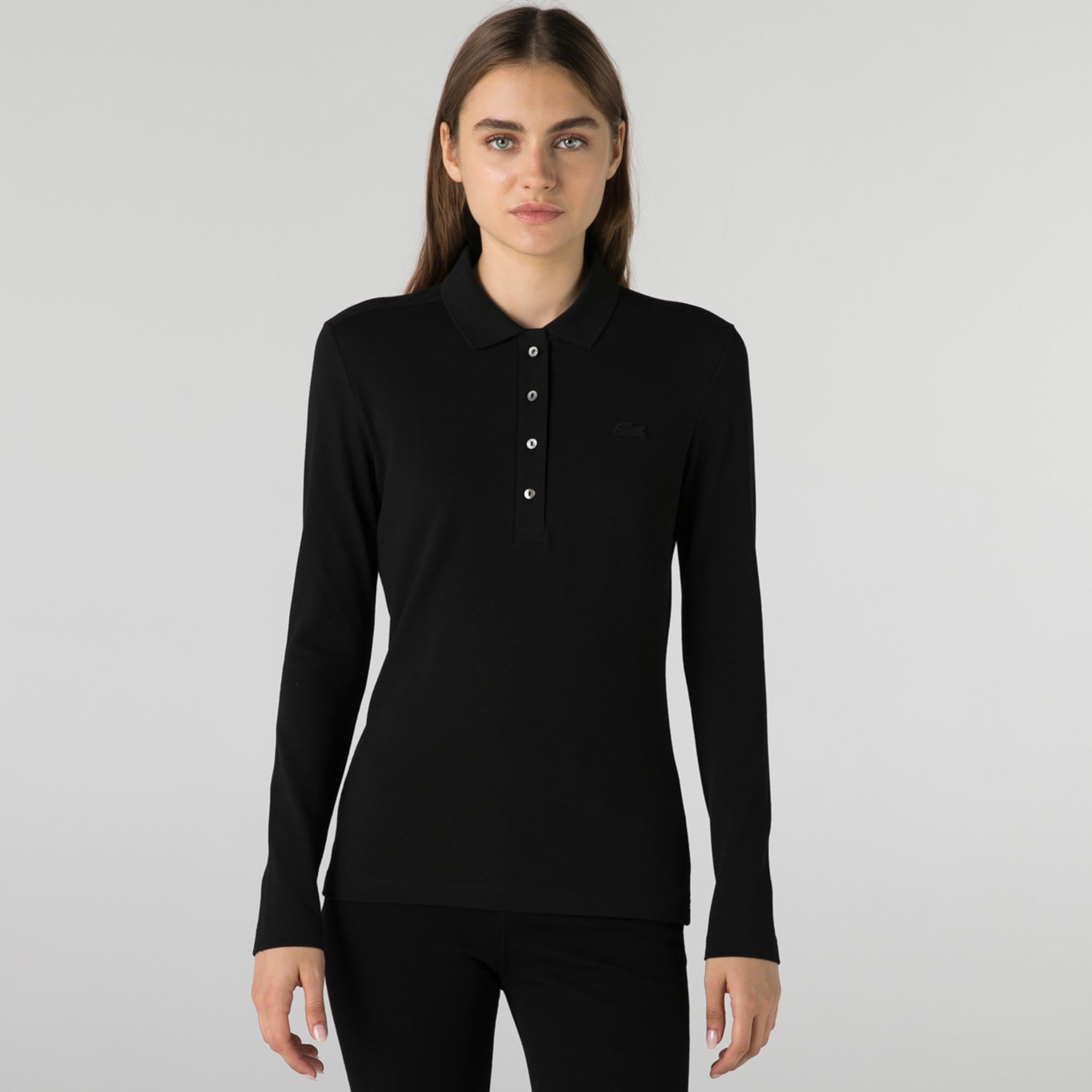 Kadın Slim Fit Uzun Kollu Siyah Polo