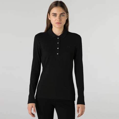  Kadın Slim Fit Uzun Kollu Siyah Polo