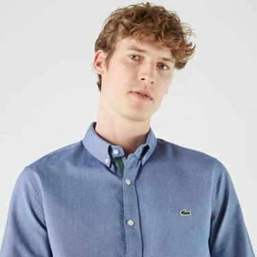  Erkek Slim Fit Düğmeli Yaka Lacivert Gömlek