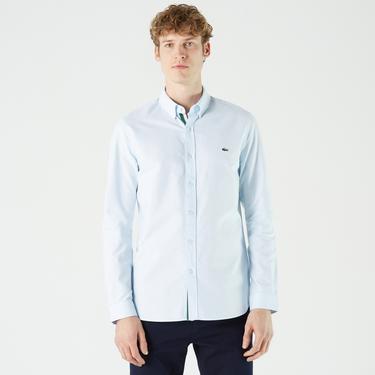  Erkek Slim Fit Düğmeli Yaka Açık Mavi Gömlek