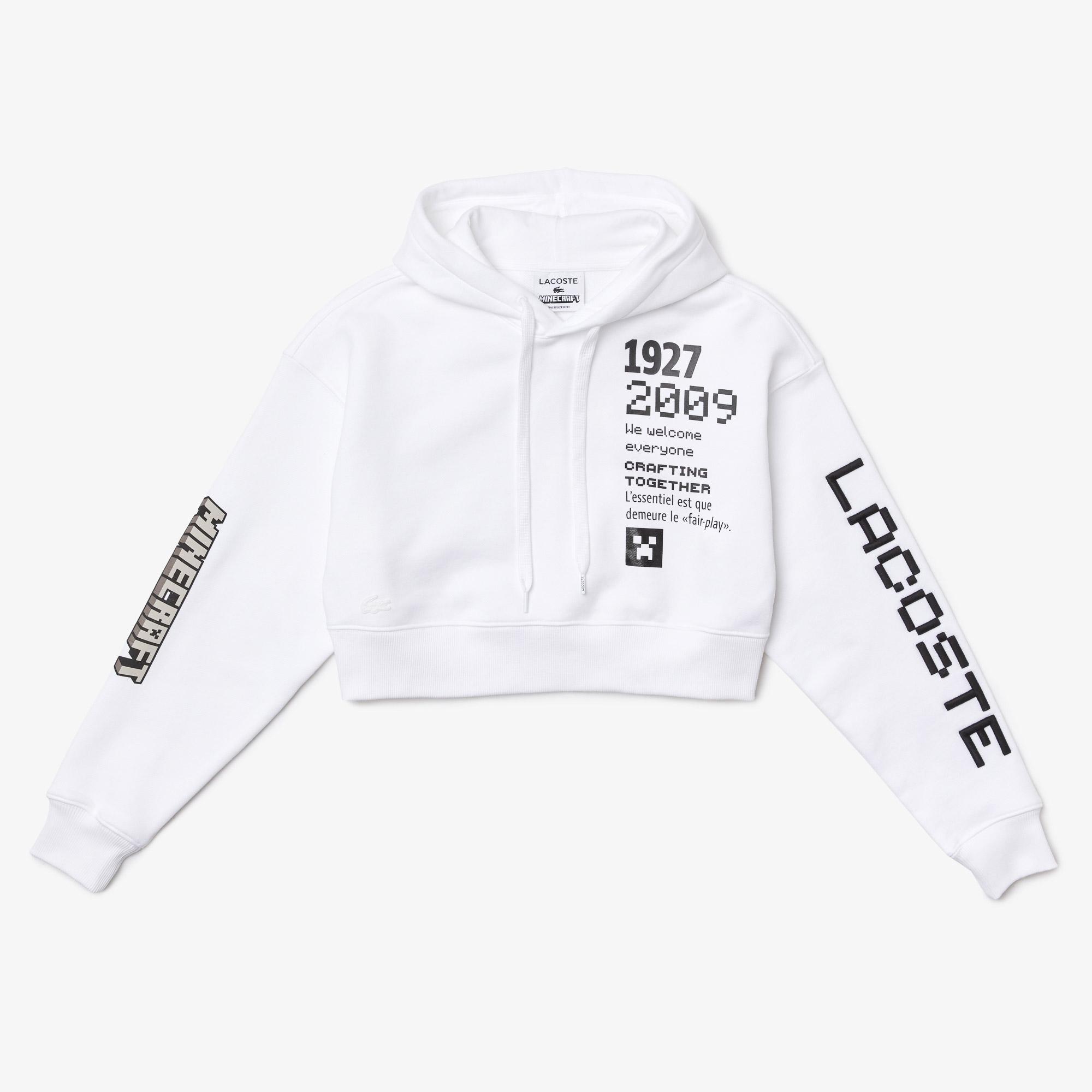 Lacoste X Minecraft Kadın Relaxed Fit Kapüşonlu Baskılı Beyaz Sweatshirt