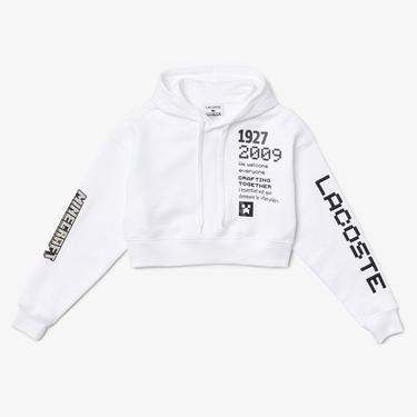  Lacoste X Minecraft Kadın Relaxed Fit Kapüşonlu Baskılı Beyaz Sweatshirt