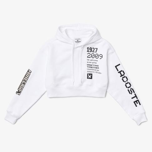  Lacoste X Minecraft Kadın Relaxed Fit Kapüşonlu Baskılı Beyaz Sweatshirt