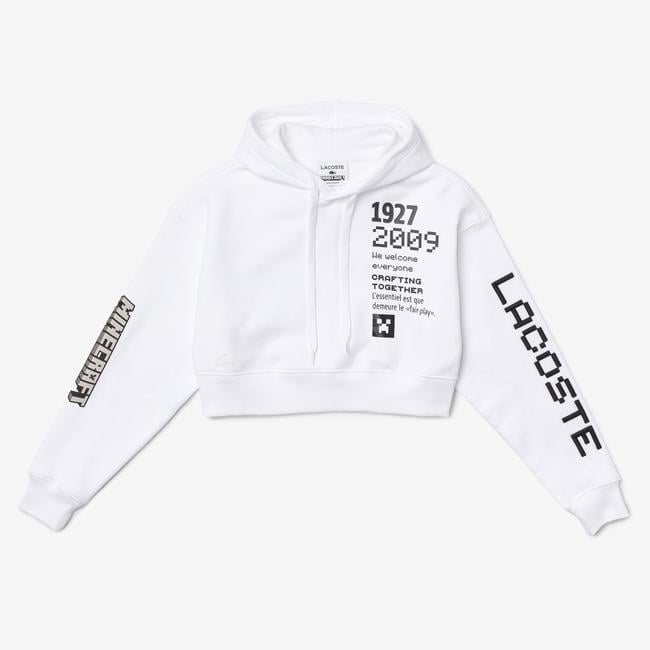  Lacoste X Minecraft Kadın Relaxed Fit Kapüşonlu Baskılı Beyaz Sweatshirt