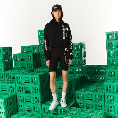  Lacoste X Minecraft Kadın Relaxed Fit Kapüşonlu Baskılı Siyah Sweatshirt
