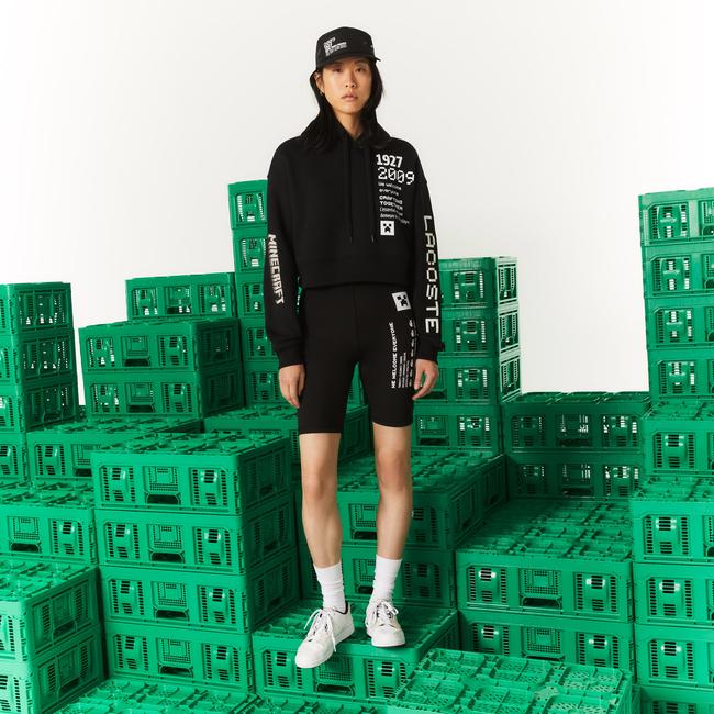  Lacoste X Minecraft Kadın Relaxed Fit Kapüşonlu Baskılı Siyah Sweatshirt