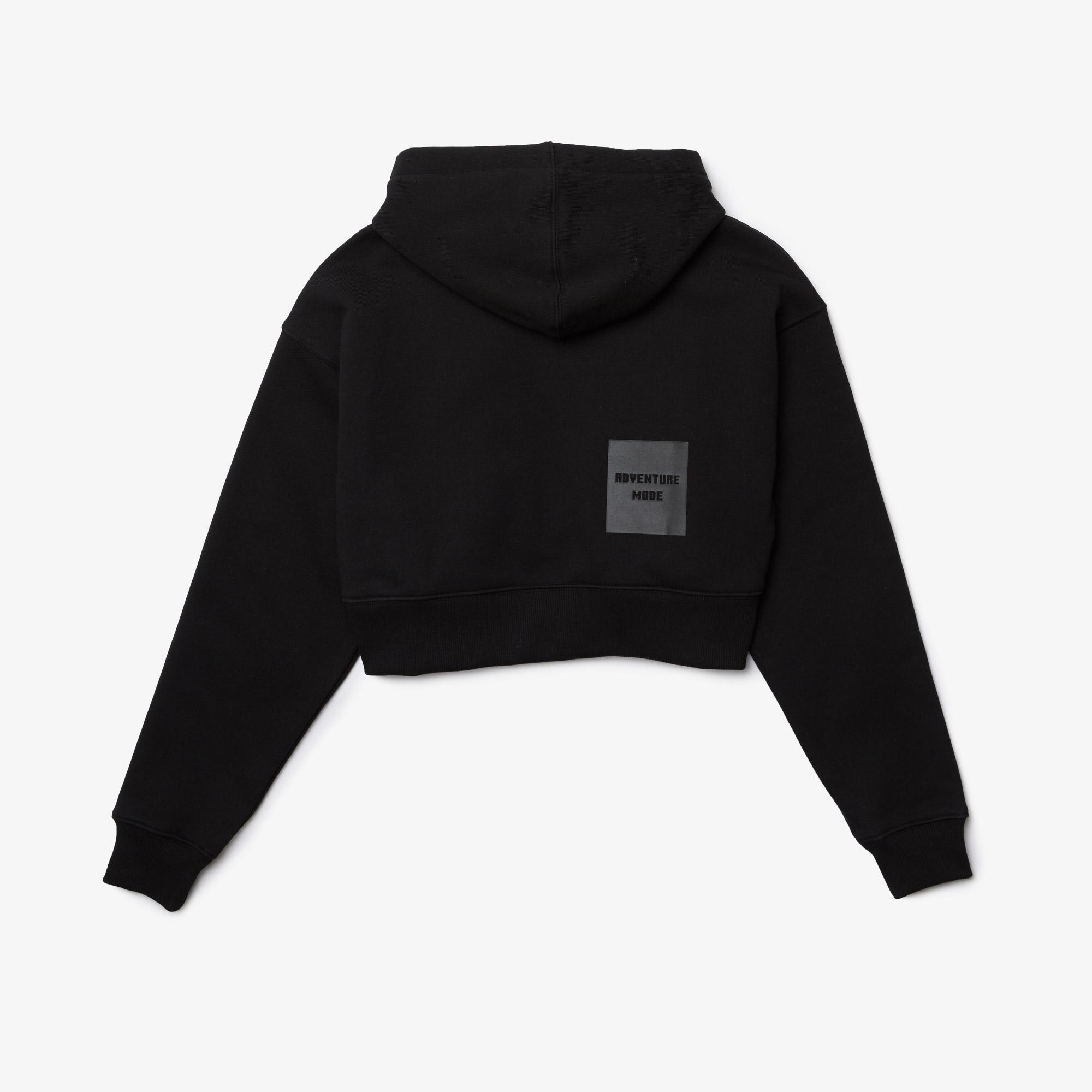 Lacoste X Minecraft Kadın Relaxed Fit Kapüşonlu Baskılı Siyah Sweatshirt