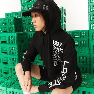  Lacoste X Minecraft Kadın Relaxed Fit Kapüşonlu Baskılı Siyah Sweatshirt