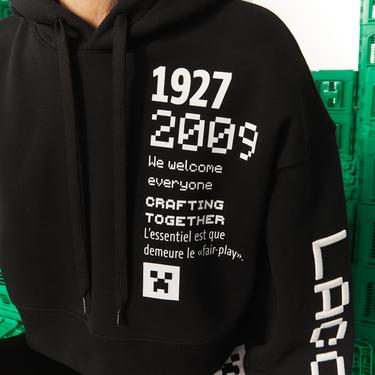  Lacoste X Minecraft Kadın Relaxed Fit Kapüşonlu Baskılı Siyah Sweatshirt