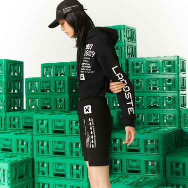  Lacoste X Minecraft Kadın Relaxed Fit Kapüşonlu Baskılı Siyah Sweatshirt