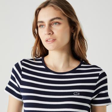  Kadın Slim Fit Bisiklet Yaka Çizgili Lacivert T-Shirt