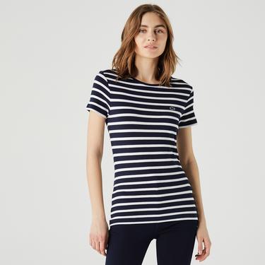  Kadın Slim Fit Bisiklet Yaka Çizgili Lacivert T-Shirt