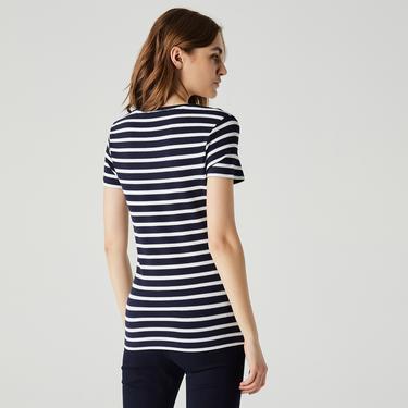  Kadın Slim Fit Bisiklet Yaka Çizgili Lacivert T-Shirt