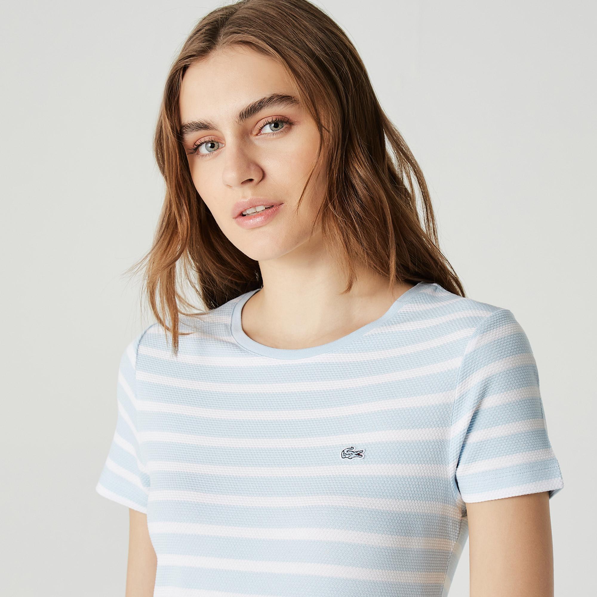 Kadın Slim Fit Bisiklet Yaka Çizgili Mavi T-Shirt