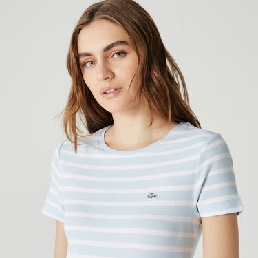  Kadın Slim Fit Bisiklet Yaka Çizgili Mavi T-Shirt