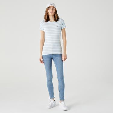  Kadın Slim Fit Bisiklet Yaka Çizgili Mavi T-Shirt