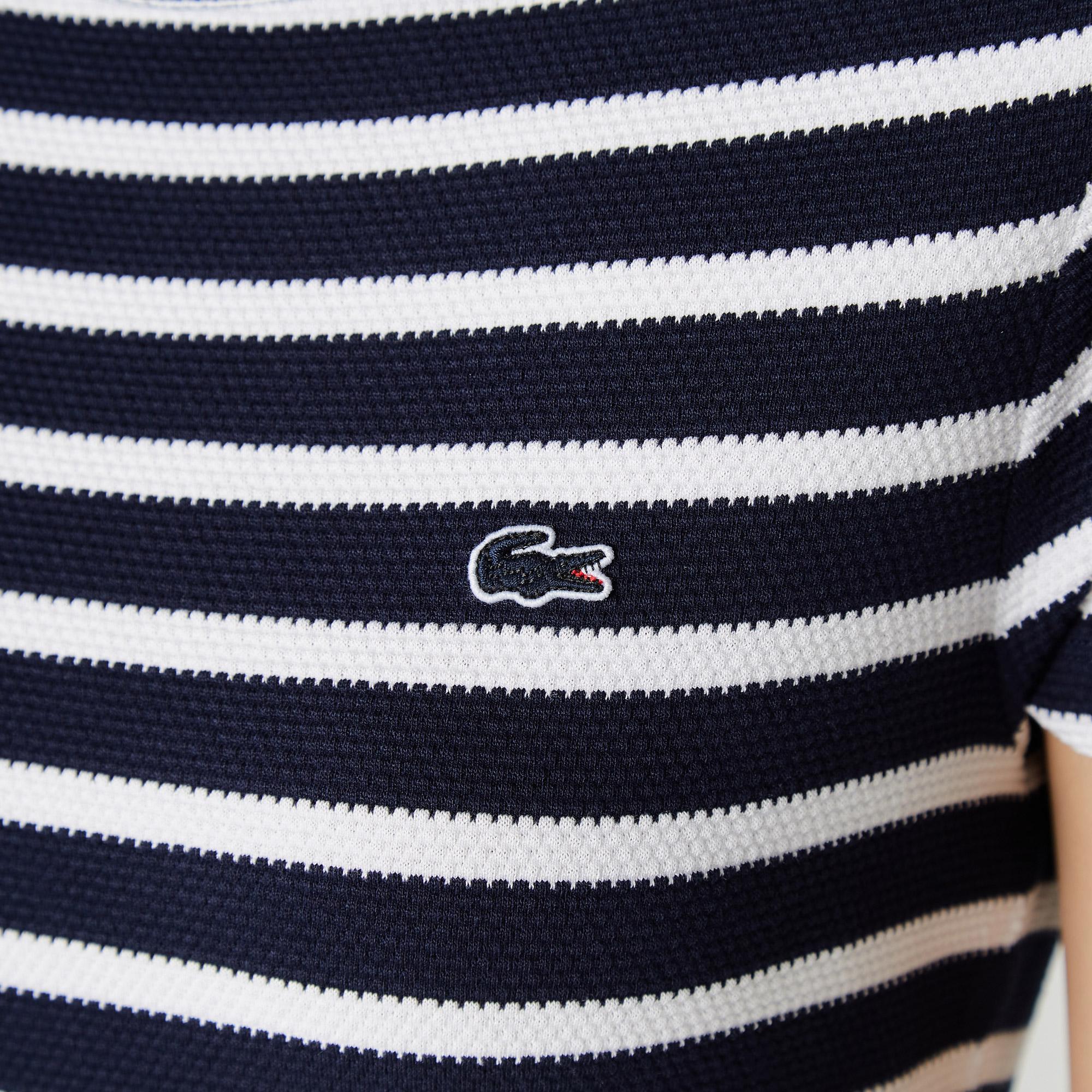 Lacoste Kadın Slim Fit Bisiklet Yaka Çizgili Lacivert T-Shirt