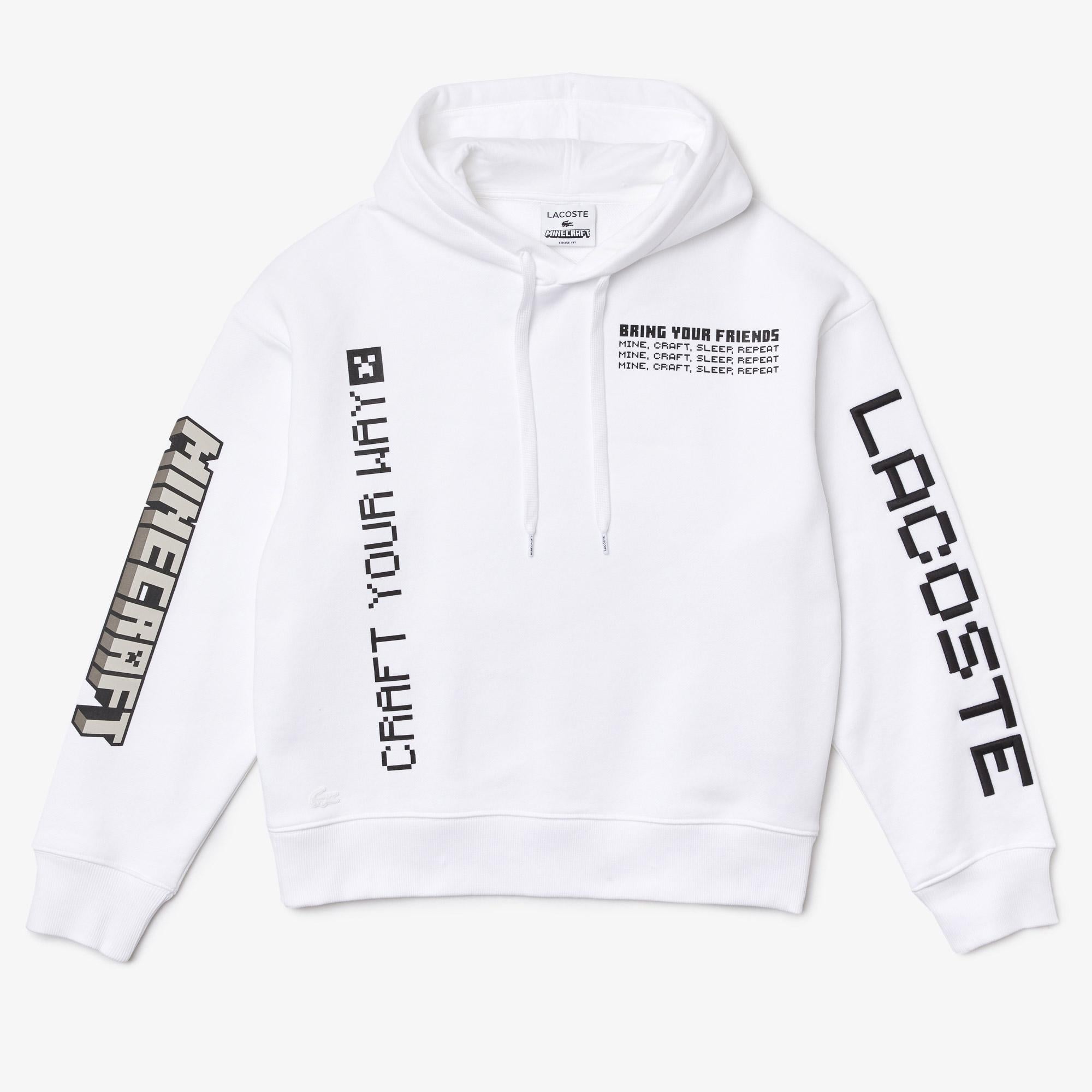 Lacoste X Minecraft Erkek Relaxed Fit Kapüşonlu Baskılı Beyaz Sweatshirt