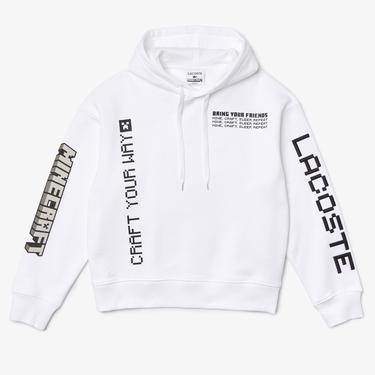  Lacoste X Minecraft Erkek Relaxed Fit Kapüşonlu Baskılı Beyaz Sweatshirt