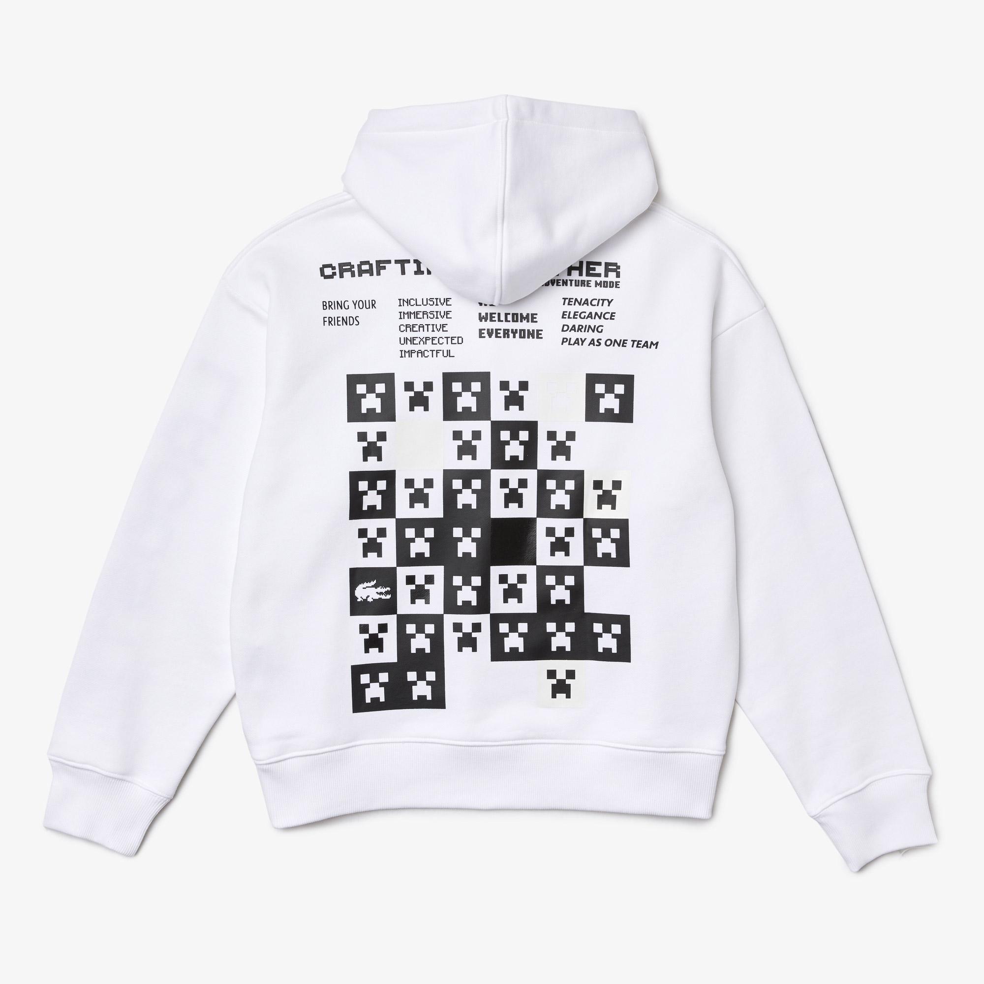 Lacoste X Minecraft Erkek Relaxed Fit Kapüşonlu Baskılı Beyaz Sweatshirt