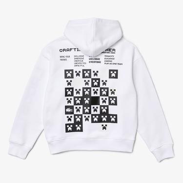  Lacoste X Minecraft Erkek Relaxed Fit Kapüşonlu Baskılı Beyaz Sweatshirt